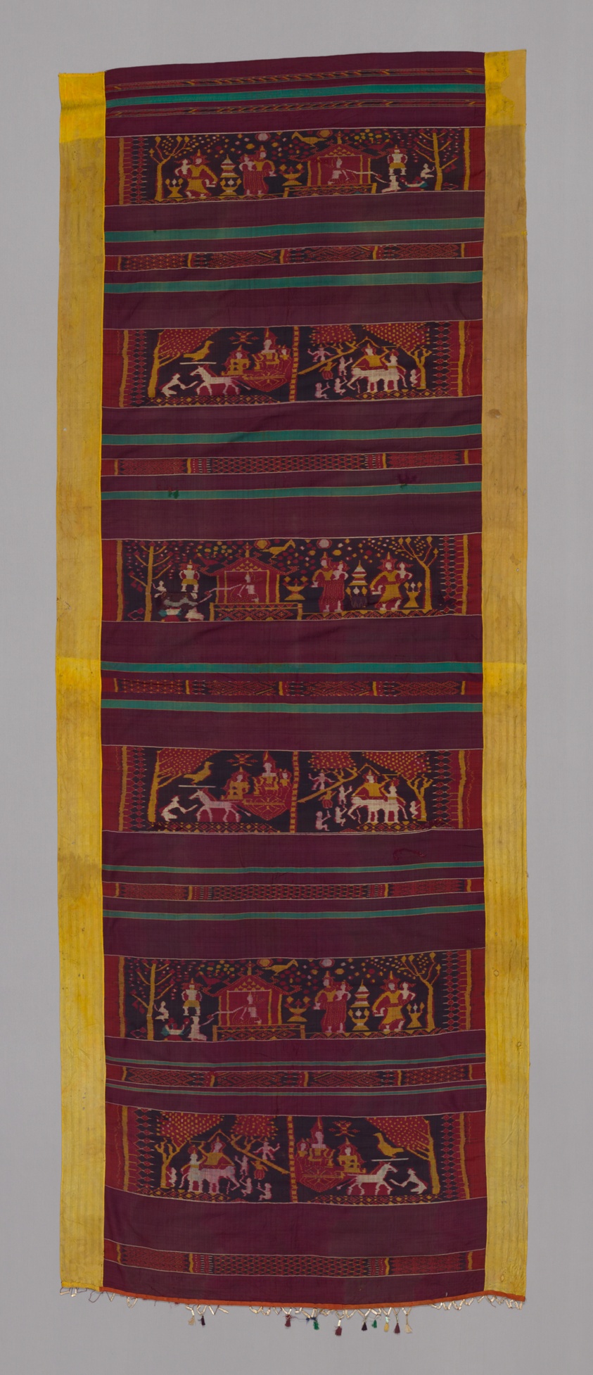 Cambodian silk pidan hanging with rows of figures and animals on burgundy panels, with yellow side borders.